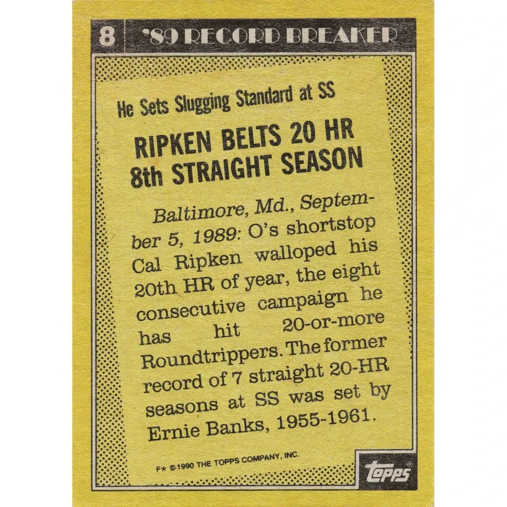1990 Topps‎ Cal Ripken Jr Record Breaker 8 Baltimore Orioles Baseball Card - Picture 2 of 2